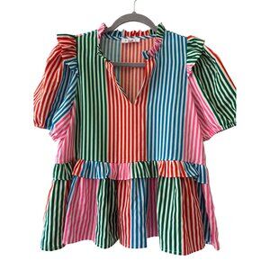 THML Multi Color Stripe Colorful Vneck Ruffle Peplum Blouse Top